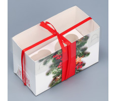 Коробка для капкейка  «С новым годом», хвоя и ягоды, 16*8*10см