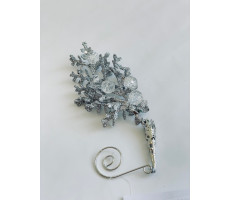 Ветка декоративная на крючке, 14см с кристалликами, серебро